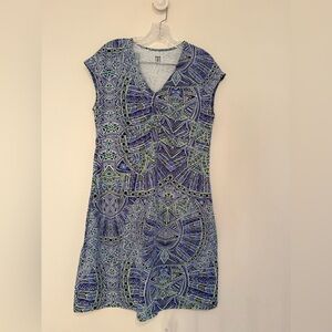 Title Nine Dream Knit Dress Sz L Geometric Short Sleeves Zip Pocket Blue Purple